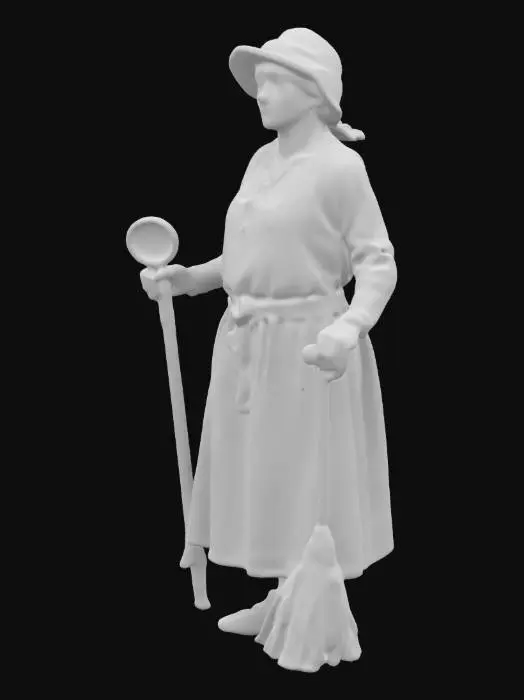 3D model for In a 17th-century Lombardy home, the loyal housekeeper, wearing a sturdy skirt and an apron, stands with hands on hips. Her wrinkled face shows a worried frown as she confronts Don Abbondio with a scolding tone. Keys jangle at her waist while she clutches a broom and ladle, her fretful eyes darting to the hearth-side, where a copper pot simmers.
Perpetua-whispering-clutching-apron-sharp-eyes-leaning-rumorous-smirk-animated-hands-eavesdropping-busybody-gossip-gesture
