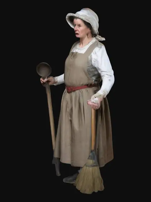 3D model for In a 17th-century Lombardy home, the loyal housekeeper, wearing a sturdy skirt and an apron, stands with hands on hips. Her wrinkled face shows a worried frown as she confronts Don Abbondio with a scolding tone. Keys jangle at her waist while she clutches a broom and ladle, her fretful eyes darting to the hearth-side, where a copper pot simmers.
Perpetua-whispering-clutching-apron-sharp-eyes-leaning-rumorous-smirk-animated-hands-eavesdropping-busybody-gossip-gesture
