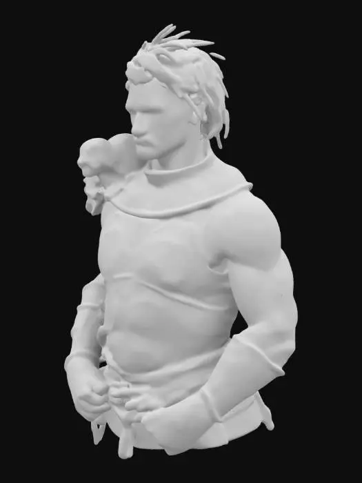 3D model for [Create a full-body 3D model of a 16th-century Enslaved Warrior. He is a young, muscular man with sun-kissed skin, sporting a well-groomed mustache and wearing a full set of intricate armor that gleams despite its age. His armor is ornate yet shows signs of wear, reflecting both beauty and battle. He bears a heavy, rough-hewn wooden yoke chained to his neck, symbolizing oppression. Convey his determined expression and calloused hands, emphasizing his strength amid hardship. I