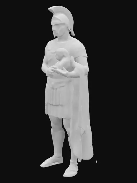 3D model for Achilles stands with both hands hold a baby new born on the . He is depicted wearing traditional Greek armor and a helmet, exuding strength and heroism. he captures a solemn and dignified posture, with intricate details on his attire. The background is simple or rendered in dark tones to focus attention on the greek.", 