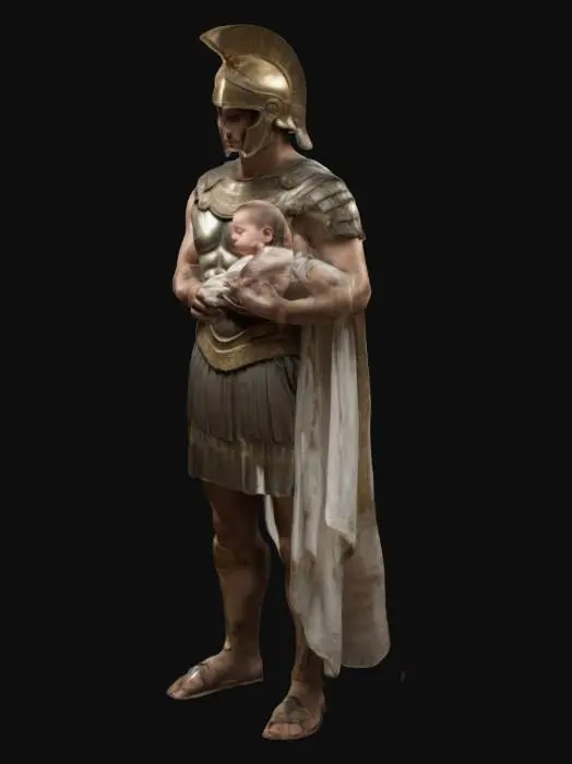 3D model for Achilles stands with both hands hold a baby new born on the . He is depicted wearing traditional Greek armor and a helmet, exuding strength and heroism. he captures a solemn and dignified posture, with intricate details on his attire. The background is simple or rendered in dark tones to focus attention on the greek.", 