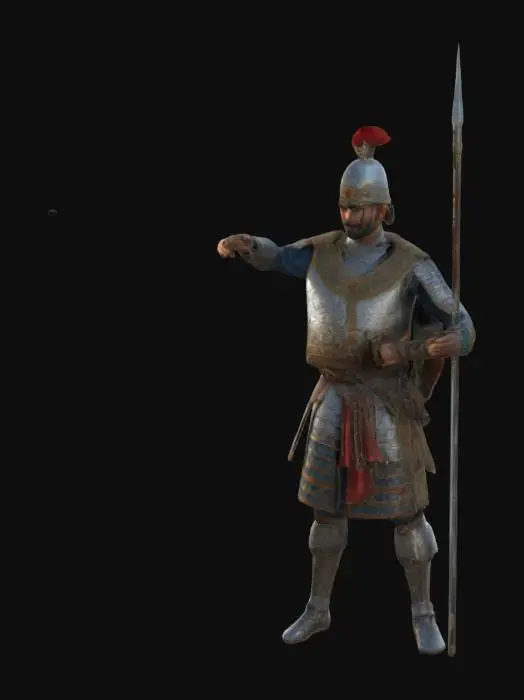 3D model for The 3D model depicts a 16th-century Ottoman Janissary warrior in traditional attire, featuring an ornate headdress, patterned robe, and metal armor. In a dynamic combat pose, he leaps forward with a spear, while carrying a curved sword, against a dramatic battlefield backdrop with flags and smoke, embodying bravery and historical accuracy.