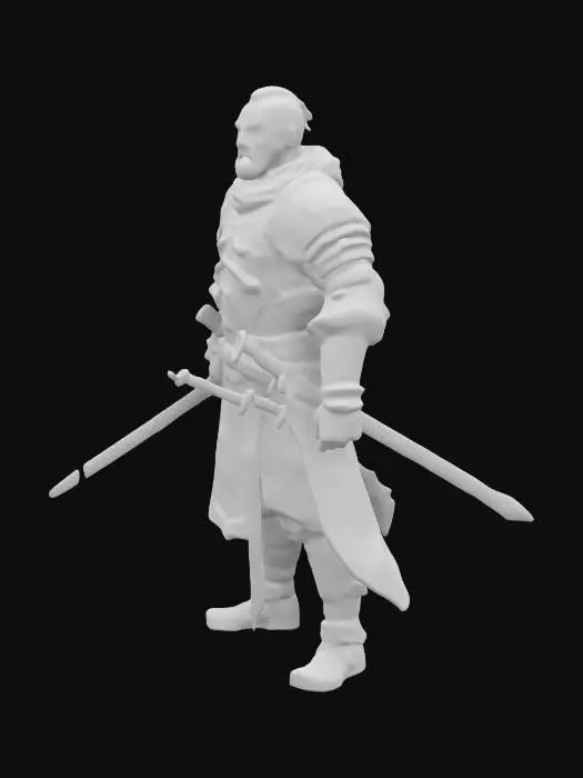 3D model for The 3D model depicts a 16th-century  warrior in traditional attire, , patterned robe, and metal armor. The image portrays a figure overwhelmed by temporary madness and blind rage, with a distorted face expressing intense emotion, flushed cheeks, sweat-covered forehead, and wide eyes with dilated pupils. The tense posture, clenched fist, and tightly gripped object symbolize potential destruction amidst surrounding chaos and debris, highlighting unpredictability and violent passion.