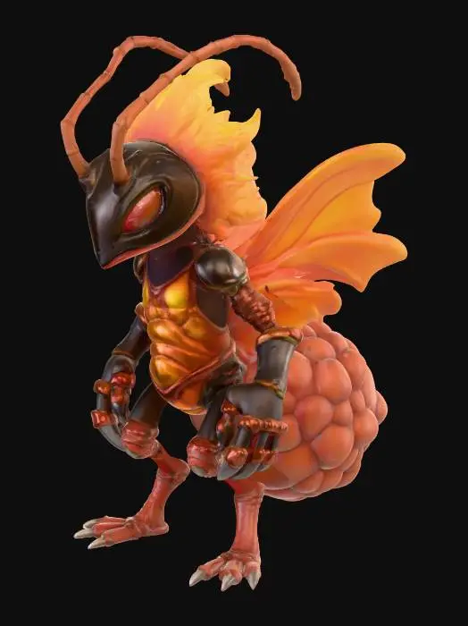 3D model for A pokemon styled fire ant, wearing a metal medieval helmet, has hard layered skin, primarily orange and red and would be a fire type creature