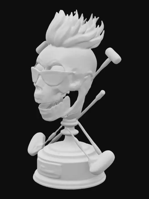 3D model for A golf trophy for our Tournament named "Ferdinand Trophy 2025". The modell should be a skull with crossed golf clubs instead of bones. the skull should also be with a rockabilly hearcut and sunglasses. 
