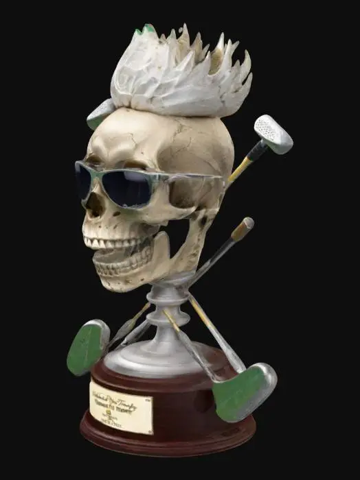 3D model for A golf trophy for our Tournament named "Ferdinand Trophy 2025". The modell should be a skull with crossed golf clubs instead of bones. the skull should also be with a rockabilly hearcut and sunglasses. 
