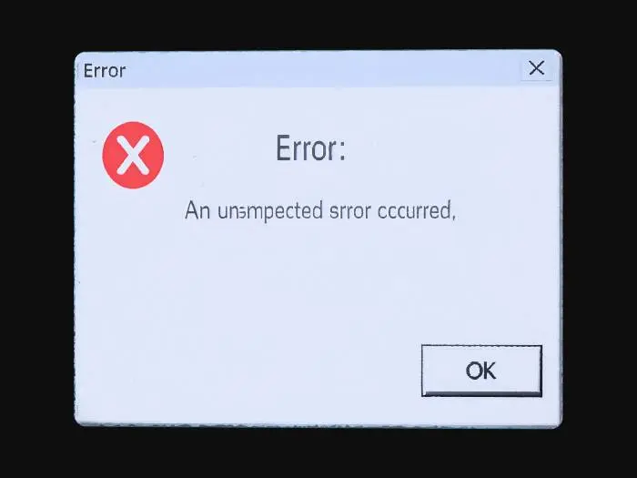 3D model for 3D-модель классического окна ошибки операционной системы Windows. Оно представляет собой прямоугольное окно с **серым** фоном. В верхней части находится заголовок с текстом **"Ошибка"** и стандартным значком **красного** круга с **белым** крестом. В центре окна расположена иконка **красного** круга с **белым** восклицательным знаком, а рядом с ней текст сообщения об ошибке: **"Произошла непредвиденная ошибка. Пожалуйста, перезагрузите систему."** В нижней части окна находится кнопка **"ОК"** с **серым** фоном. Все элементы окна имеют четкие, пиксельные границы, как в старых версиях ОС. Текстура окна выглядит плоской, но с легким объемом, имитирующим элементы графического интерфейса.