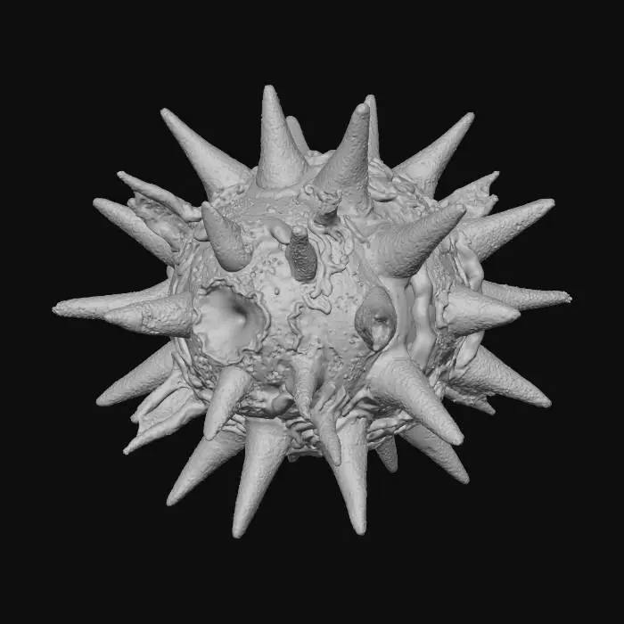 3D model for Высоко необычный вирус, напоминающий кристаллический, асимметричный многогранник. Его поверхность представляет собой мозаику из острых, обсидианоподобных граней и гладких, пульсирующих биолюминесцентных зеленых мембран. Тонкие, шипастые усики из прозрачного, желатинового вещества тянутся от его структуры, тонко меняя фиолетовые и синие оттенки. Ядро светится жутким внутренним светом, намекая на сложную, инопланетную механику. Текстура – это яркий контраст твердого, холодного кристалла и мягкой, слегка липкой органической материи.