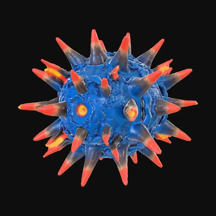 3D model for Высоко необычный вирус, напоминающий кристаллический, асимметричный многогранник. Его поверхность представляет собой мозаику из острых, обсидианоподобных граней и гладких, пульсирующих биолюминесцентных зеленых мембран. Тонкие, шипастые усики из прозрачного, желатинового вещества тянутся от его структуры, тонко меняя фиолетовые и синие оттенки. Ядро светится жутким внутренним светом, намекая на сложную, инопланетную механику. Текстура – это яркий контраст твердого, холодного кристалла и мягкой, слегка липкой органической материи.