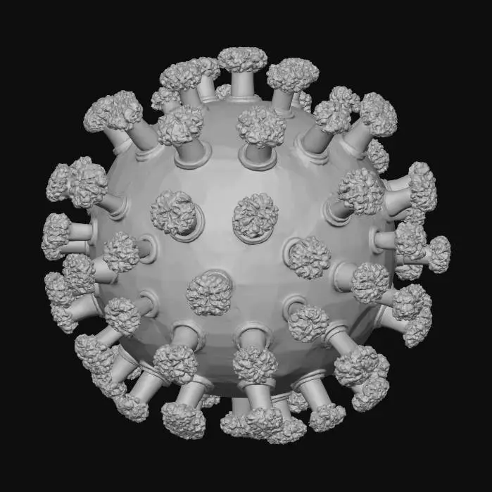 3D model for Микроскопический вирус с икосаэдрическим капсидом, имеющим гладкую, слегка глянцевую поверхность насыщенного **темно-зеленого** цвета. От его структуры во все стороны выступают острые, шипастые гликопротеиновые отростки, окрашенные в яркий **фиолетовый** цвет, с тонкой, шероховатой текстурой. Внутри просвечивает более плотное ядро. Общая форма кажется одновременно прочной и колючей, создавая ощущение холодной, но сложной биологической угрозы, с контрастом между гладкой оболочкой и зазубренными шипами.