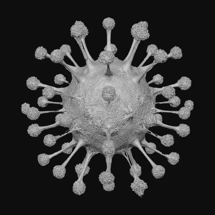 3D model for Микроскопический вирус с асимметричной, органической формой, напоминающей скопление ярко-красных сфер, соединенных между собой тонкими нитями. Его поверхность покрыта крошечными, пульсирующими наростами, которые светятся мягким **желтым** светом. Основной цвет вируса — интенсивный **ярко-красный**, а отростки и нити имеют полупрозрачную, желеобразную текстуру. В целом он выглядит динамичным и живым, излучая зловещее, но притягательное свечение.