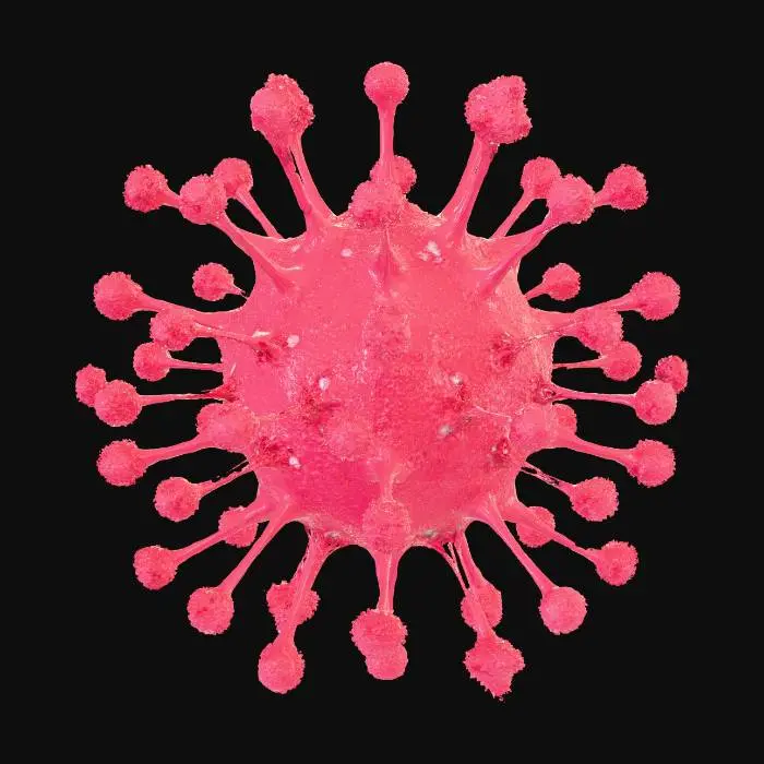 3D model for Микроскопический вирус с асимметричной, органической формой, напоминающей скопление ярко-красных сфер, соединенных между собой тонкими нитями. Его поверхность покрыта крошечными, пульсирующими наростами, которые светятся мягким **желтым** светом. Основной цвет вируса — интенсивный **ярко-красный**, а отростки и нити имеют полупрозрачную, желеобразную текстуру. В целом он выглядит динамичным и живым, излучая зловещее, но притягательное свечение.