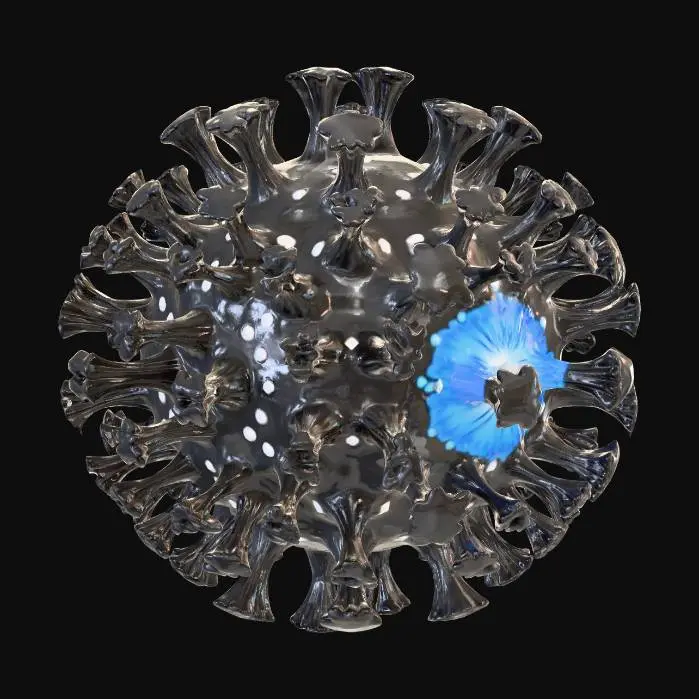 3D model for 3D-модель уникального вируса, напоминающего живой кристалл. Его форма асимметрична и гранёна, словно осколок темного обсидиана. Поверхность вируса полупрозрачная, с глубоким **темно-фиолетовым** оттенком, сквозь которую просвечивают пульсирующие **неоново-зеленые** жилки-нити, излучающие мягкий свет. Материал кажется твердым и хрупким, как стекло, но обладает легкой органической эластичностью. Текстура гладкая, но с множеством острых граней и микроскопических шипов. В центре вируса видно медленно вращающееся **ярко-синее** ядро.