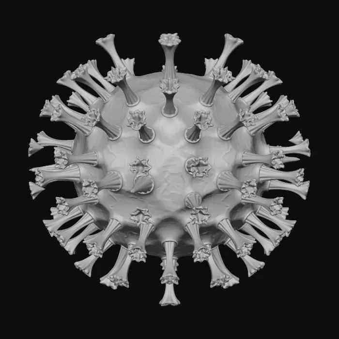 3D model for 3D-модель сложного вируса, напоминающего миниатюрный космический аппарат. Его центральное тело имеет форму додекаэдра из полупрозрачного **темно-синего** материала, похожего на закаленное стекло, сквозь которое видны **ярко-красные** пульсирующие нити. От каждой грани отходят тонкие, изогнутые **серебристые** отростки с острыми наконечниками. Поверхность центрального тела гладкая, но с микроскопической сеткой узоров, а отростки имеют жесткую, металлическую текстуру. Вирус излучает слабое **фиолетовое** свечение.