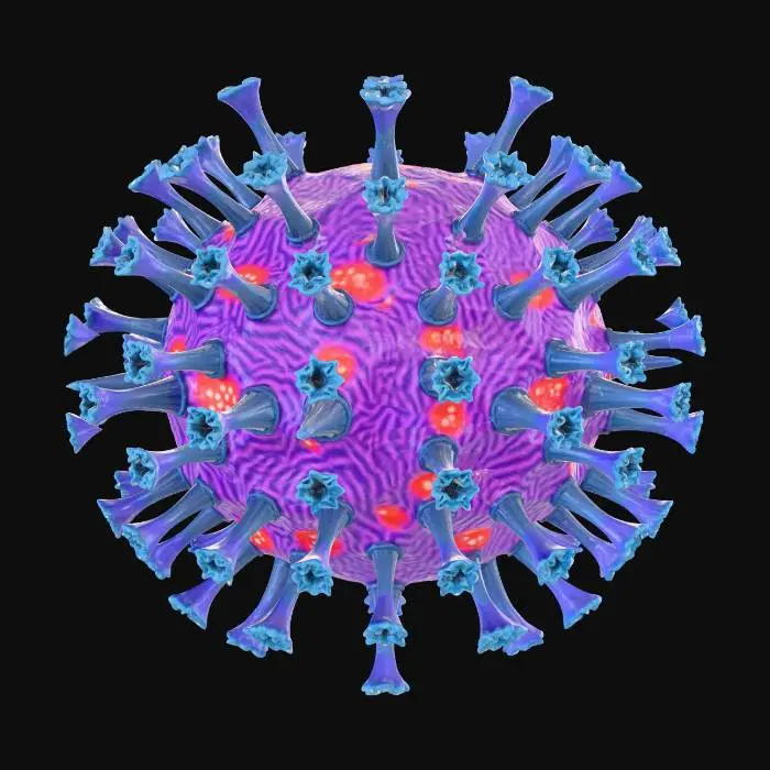 3D model for 3D-модель сложного вируса, напоминающего миниатюрный космический аппарат. Его центральное тело имеет форму додекаэдра из полупрозрачного **темно-синего** материала, похожего на закаленное стекло, сквозь которое видны **ярко-красные** пульсирующие нити. От каждой грани отходят тонкие, изогнутые **серебристые** отростки с острыми наконечниками. Поверхность центрального тела гладкая, но с микроскопической сеткой узоров, а отростки имеют жесткую, металлическую текстуру. Вирус излучает слабое **фиолетовое** свечение.