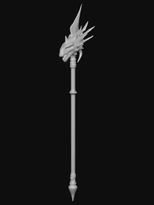3D model for "A medieval spear with a dragon head at the tip, wooden shaft with worn metallic details, engraved dragon scales along the shaft, weathered textures, aged metal and dark wood, realistic but stylized for Roblox games, low-poly and optimized for game use, earthy colors with red and gold accents, 3D model ready for export, medium polygon count."