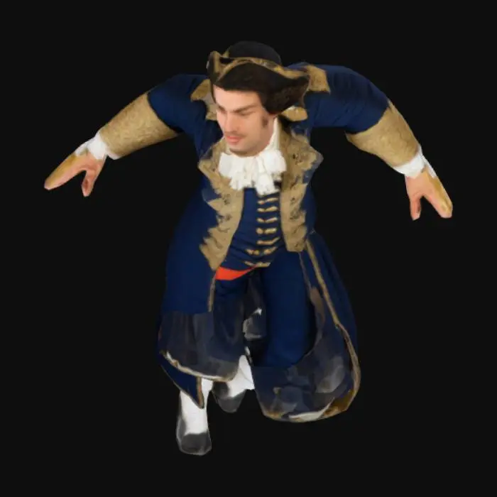 3D model for A front-view full-body depiction of a 17th-century Spanish Navy sailor in a T-pose. He wears an official Spanish naval uniform from the 17th century, consisting of a navy blue coat with gold trim, a white shirt with billowy sleeves, and sturdy woolen breeches. A sash is tied around his waist, and he wears simple leather boots. His face has a neutral expression. No weapons are present.