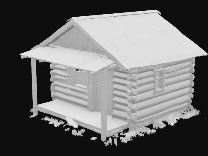 3D model for Abandoned wooden cabin with weathered gray planks, splintering edges, corrugated metal roof with streaking rust patterns, colorful graffiti tags and throw-ups covering walls, ivy tendrils crawling through broken window frames, moss patches on damp surfaces, surrounded by overgrown vegetation reclaiming the structure, misty forest clearing, dramatic volumetric lighting, photorealistic detail, aged and deteriorated, post-apocalyptic mood