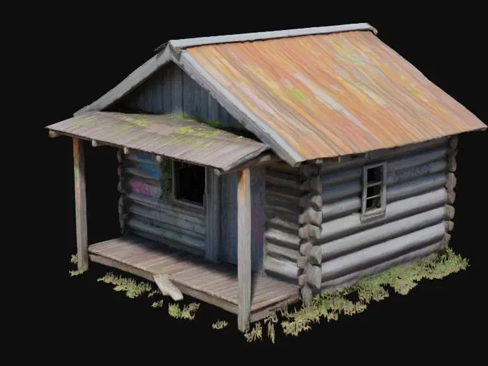 3D model for Abandoned wooden cabin with weathered gray planks, splintering edges, corrugated metal roof with streaking rust patterns, colorful graffiti tags and throw-ups covering walls, ivy tendrils crawling through broken window frames, moss patches on damp surfaces, surrounded by overgrown vegetation reclaiming the structure, misty forest clearing, dramatic volumetric lighting, photorealistic detail, aged and deteriorated, post-apocalyptic mood