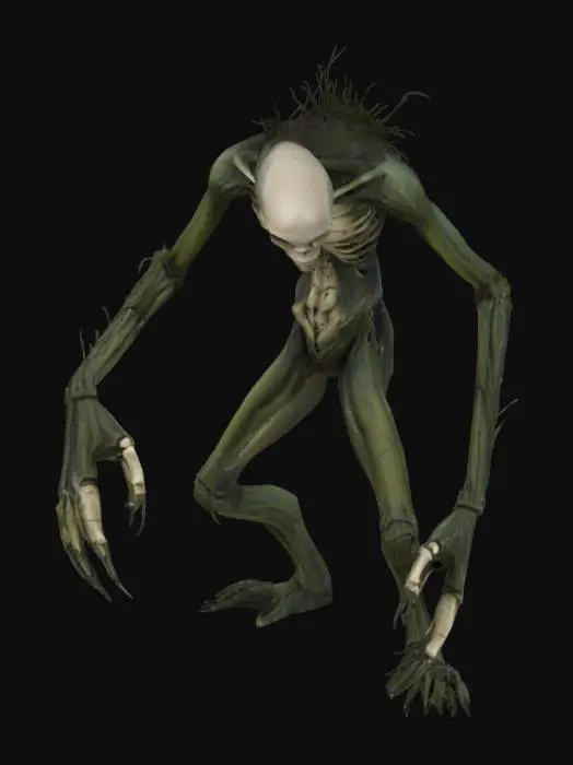 3D model for Unnaturally tall filiform humanoid, elongated limbs 3x normal length, spindly multi-jointed arms, asymmetrical proportions, faceless smooth head, dark moss patches covering pale skin, twisted skeletal frame, impossibly thin torso, finger tendrils reaching ground, shadowy appendages from shoulders, eerie swamp coloration, weathered bark-like texture, mysterious organic growths, supernatural proportions, A-pose, game ready, PBR albedo diffuse materials, clean topology