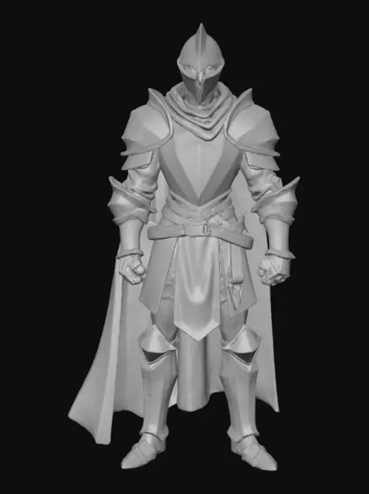 3D model for Chevalier médiéval stylisé en low-poly avec esthétique géométrique facettée. Le personnage porte une armure complète composée de plaques angulaires gris-bleu métallique.
Casque : Heaume pointu avec facettes géométriques, visière fermée
Torse : Plastron d'armure avec couches superposées, tabard beige-crème descendant jusqu'aux genoux
Épaules : Épaulières volumineuses à plusieurs plaques articulées
Bras : Gantelets et brassards en armure complète avec segments articulés
Taille : Ceinture en cuir brun avec sacoches et poches utilitaires
Jambes : Cuissards et jambières en armure gris foncé, bottines renforcées
Dos : Cape longue bicolore (crème et gris foncé) avec sangle diagonale en cuir

Low-poly facetté, palette limitée (gris, brun, beige, noir), ombrage plat avec contours marqués