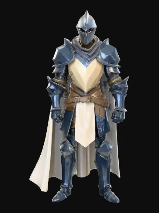 3D model for Chevalier médiéval stylisé en low-poly avec esthétique géométrique facettée. Le personnage porte une armure complète composée de plaques angulaires gris-bleu métallique.
Casque : Heaume pointu avec facettes géométriques, visière fermée
Torse : Plastron d'armure avec couches superposées, tabard beige-crème descendant jusqu'aux genoux
Épaules : Épaulières volumineuses à plusieurs plaques articulées
Bras : Gantelets et brassards en armure complète avec segments articulés
Taille : Ceinture en cuir brun avec sacoches et poches utilitaires
Jambes : Cuissards et jambières en armure gris foncé, bottines renforcées
Dos : Cape longue bicolore (crème et gris foncé) avec sangle diagonale en cuir

Low-poly facetté, palette limitée (gris, brun, beige, noir), ombrage plat avec contours marqués