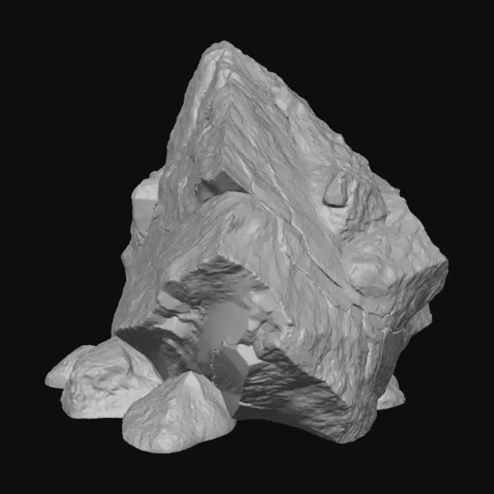 3D model for Huge sharp stylish rock, slightly moss, low medium poly style, masters of the universe, highly detailed, best quality, game ready, myazaki ghibli