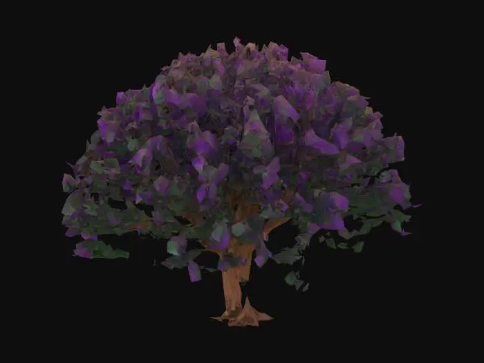 3D model for Create a 10 mm high  tree with purple and green leaves, brown bark and limbs, and broad limbs. 
Leaves are full and lush and flowering, extending wide.