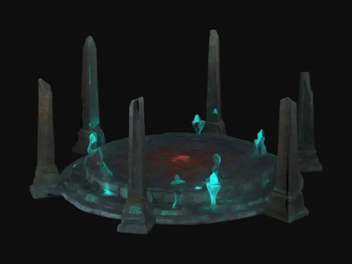 3D model for Circular stone altar, cracked ritual symbols, glowing sigils pulsing, eerie stone pillars leaning unnaturally, bioluminescent fungi growing around base, flickering eldritch lanterns, rusted ceremonial daggers scattered, bloodstained stone, arcane carvings shifting when observed, dense fog swirling unnaturally, skeletal remains half-buried, unsettling runes on weathered stone, shattered obelisk radiating cosmic energy, deep crevices oozing black ichor, unsettling mechanical contraption nearby.