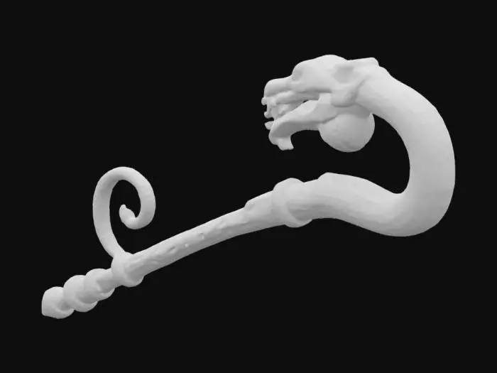 3D model for A short mystical lever shaped like a stick, covered in intricate snake skin patterns. The stick is about 40 cm long, slightly curved like a serpent, with detailed scales and a snake head carved into the handle. Made of ancient dark wood with subtle glowing runes along its body. Fantasy style, realistic texture, game asset, isolated on white background.