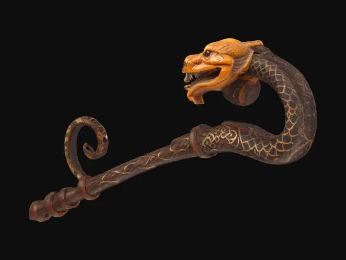 3D model for A short mystical lever shaped like a stick, covered in intricate snake skin patterns. The stick is about 40 cm long, slightly curved like a serpent, with detailed scales and a snake head carved into the handle. Made of ancient dark wood with subtle glowing runes along its body. Fantasy style, realistic texture, game asset, isolated on white background.