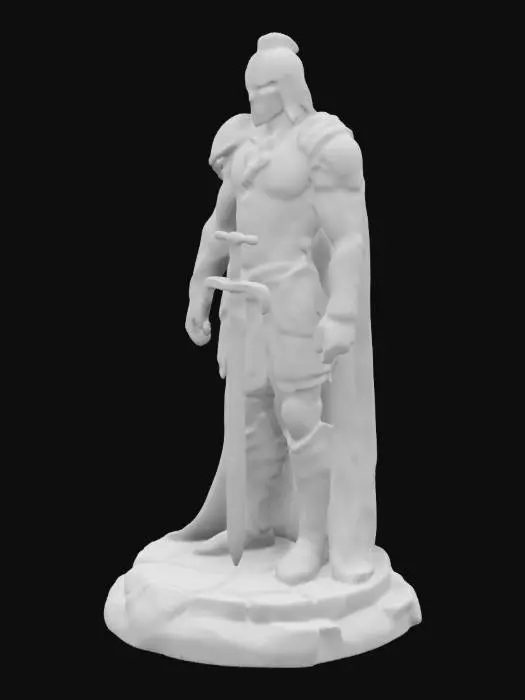 3D model for A battle-worn stone warrior statue with a cracked helmet, standing tall. His scarred armor is engraved with flame patterns, and his chestplate features a phoenix rising from ashes. His right hand grips a massive sword, partially embedded in the ground. The base is shattered stone with faint red cracks glowing. In front of the statue, an ancient stone tablet with faded cuneiform script provides a cryptic clue.