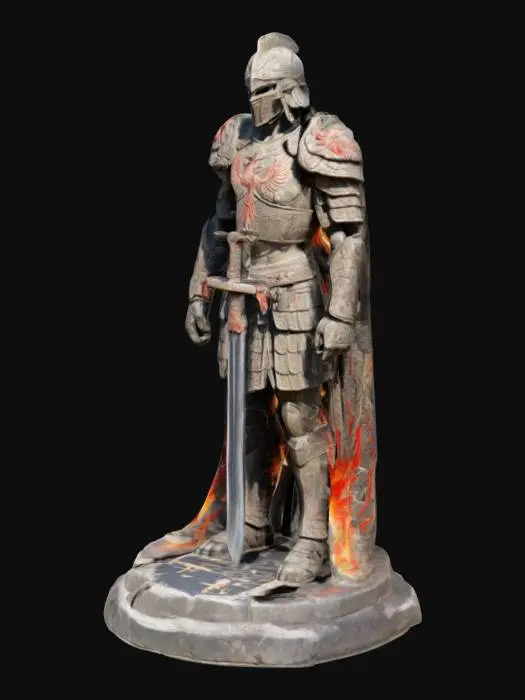 3D model for A battle-worn stone warrior statue with a cracked helmet, standing tall. His scarred armor is engraved with flame patterns, and his chestplate features a phoenix rising from ashes. His right hand grips a massive sword, partially embedded in the ground. The base is shattered stone with faint red cracks glowing. In front of the statue, an ancient stone tablet with faded cuneiform script provides a cryptic clue.