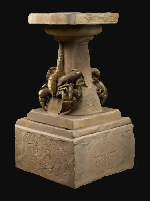 3D model for An ancient ceremonial pedestal crafted from weathered stone, adorned with a scorpion motif engraved in polished bronze. The scorpion wraps intricately around the column, its tail arched and pincers open, featuring detailed exoskeleton patterns and ancient symbols etched along its body. The base is square and rugged, while the bowl on top is circular, with bronze edging and carvings of runes. Subtle moss accents and signs of age suggest its connection to mystical rituals and lost civilizations.