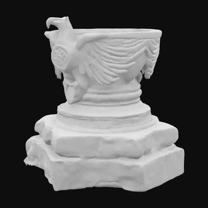 3D model for An ancient ceremonial pedestal crafted from weathered stone, adorned with a majestic eagle motif sculpted in polished bronze. The eagle spreads its wings around the column, featuring intricately carved feathers and ancient symbols etched along its body. The base is square and rugged, while the bowl on top is circular, with bronze edging and carvings of runes. Subtle moss accents and signs of age suggest its connection to mystical rituals and lost civilizations.