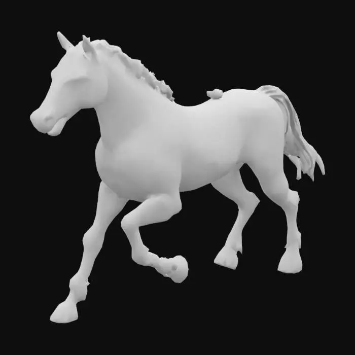 3D model for A futuristic sci-fi warhorse with a mechanical body glimmers with neon lights. It gracefully lifts its titanium front hoof, and the visor of its helmet shines with a blue light, proudly galloping across the grassland