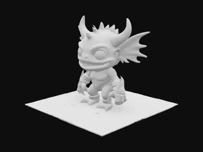 3D model for A 3D model of a mini monster enemy designed for a maze game. The creature is small in size but looks extremely dangerous and aggressive, with exaggerated cartoon-style features such as sharp claws, oversized eyes, and jagged teeth, combined with realistic textures like rough skin, cracked armor, and glowing scars. It holds a unique weapon that matches its wild style—such as a bone-bladed boomerang, a glowing spiked orb on a stick, or a mutated claw-arm with mechanical parts. The design should blend stylized proportions with semi-realistic materials and lighting, giving the mini monster a quirky but intimidating look. Perfect for use as a fast-moving or swarm-type enemy in a stylized action-adventure maze game.