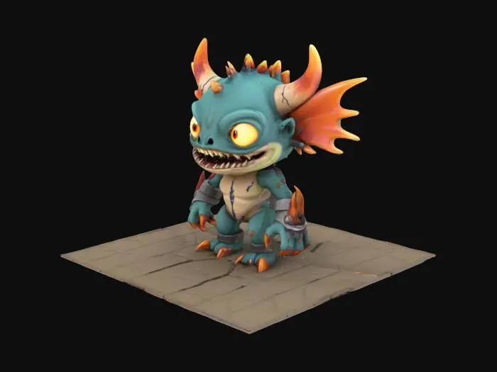 3D model for A 3D model of a mini monster enemy designed for a maze game. The creature is small in size but looks extremely dangerous and aggressive, with exaggerated cartoon-style features such as sharp claws, oversized eyes, and jagged teeth, combined with realistic textures like rough skin, cracked armor, and glowing scars. It holds a unique weapon that matches its wild style—such as a bone-bladed boomerang, a glowing spiked orb on a stick, or a mutated claw-arm with mechanical parts. The design should blend stylized proportions with semi-realistic materials and lighting, giving the mini monster a quirky but intimidating look. Perfect for use as a fast-moving or swarm-type enemy in a stylized action-adventure maze game.
