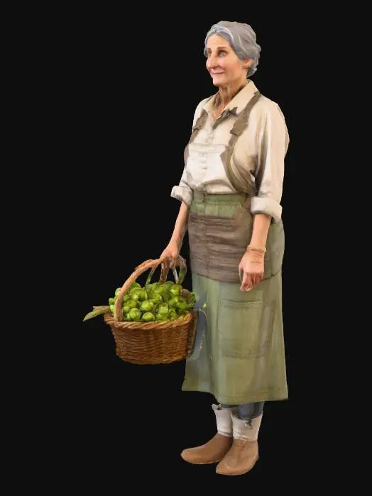 3D model for una mujer realista de 50 años con una cesta llena de lúpulo