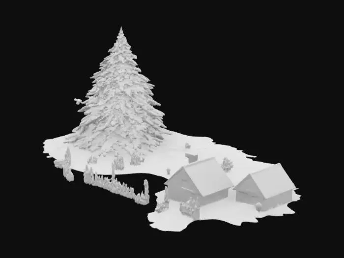 3D model for большой зимний лес в нем много деревянных домиков по середине стоит новогодния елка 