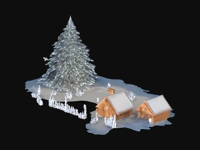 3D model for большой зимний лес в нем много деревянных домиков по середине стоит новогодния елка 