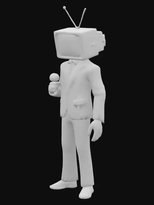 3D model for человек вместо головы телевизор в красном деловом костюме с желтым галстуком белые перчатки в черных штанах и ремень с в желтых длинных каблуках стоит на сцене в руках микрофон