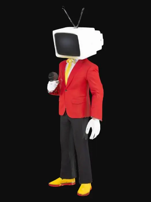 3D model for человек вместо головы телевизор в красном деловом костюме с желтым галстуком белые перчатки в черных штанах и ремень с в желтых длинных каблуках стоит на сцене в руках микрофон