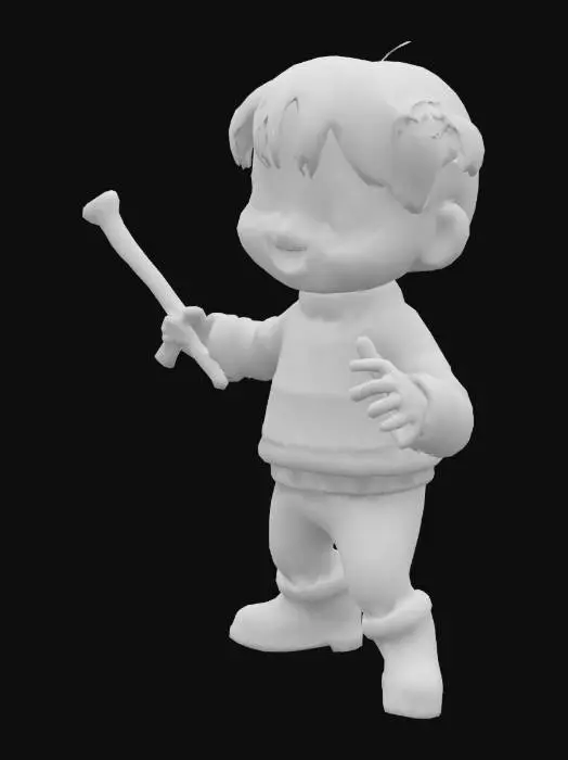 3D model for маленькая девочка желтая кожа глаза закрыты в синим свитере с фиолетовыми полосками в руках палка в синих штанах коричневые сапоги