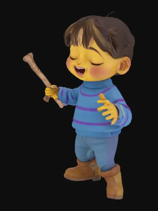 3D model for маленькая девочка желтая кожа глаза закрыты в синим свитере с фиолетовыми полосками в руках палка в синих штанах коричневые сапоги
