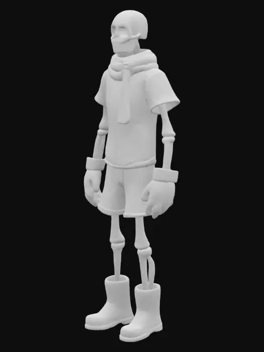 3D model for скелет в белой футболке в синих шортах с красным шарфом в красных перчатках красные сапоги стоит в зимнем лесу