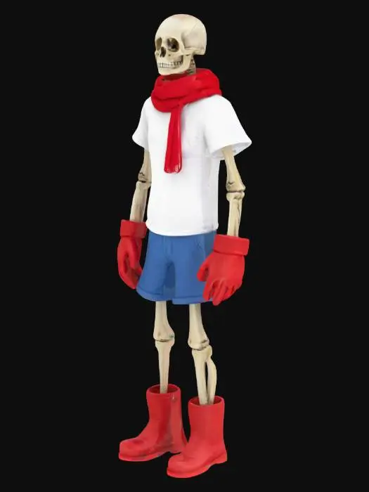 3D model for скелет в белой футболке в синих шортах с красным шарфом в красных перчатках красные сапоги стоит в зимнем лесу