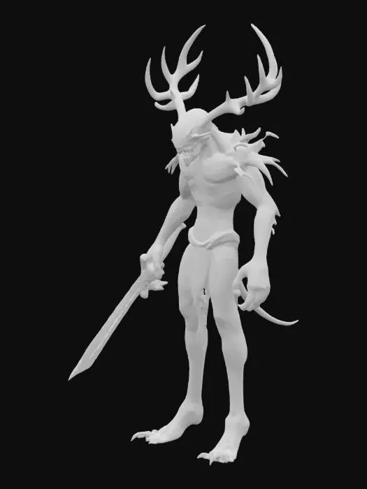 3D model for черная высокая худая фигура большая улыбка глаз нету и большие острые черные рога как у оленя большие когти в руках длинный меч