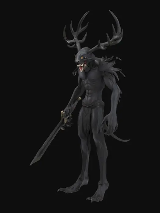 3D model for черная высокая худая фигура большая улыбка глаз нету и большие острые черные рога как у оленя большие когти в руках длинный меч