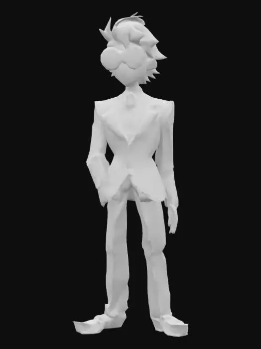 3D model for Spamton from Deltarine, мужчина, круглые очки с розовой и желтой линзами, одна линза розовая другая линза желтая, белая кожа, красный румянец на щеках, широкая улыбка, длинный заострённый нос, черный костюм с V-образным вырезом, на заднем плане голубая кирпичная стена с небрежно нарисованным солнцем и облаками,